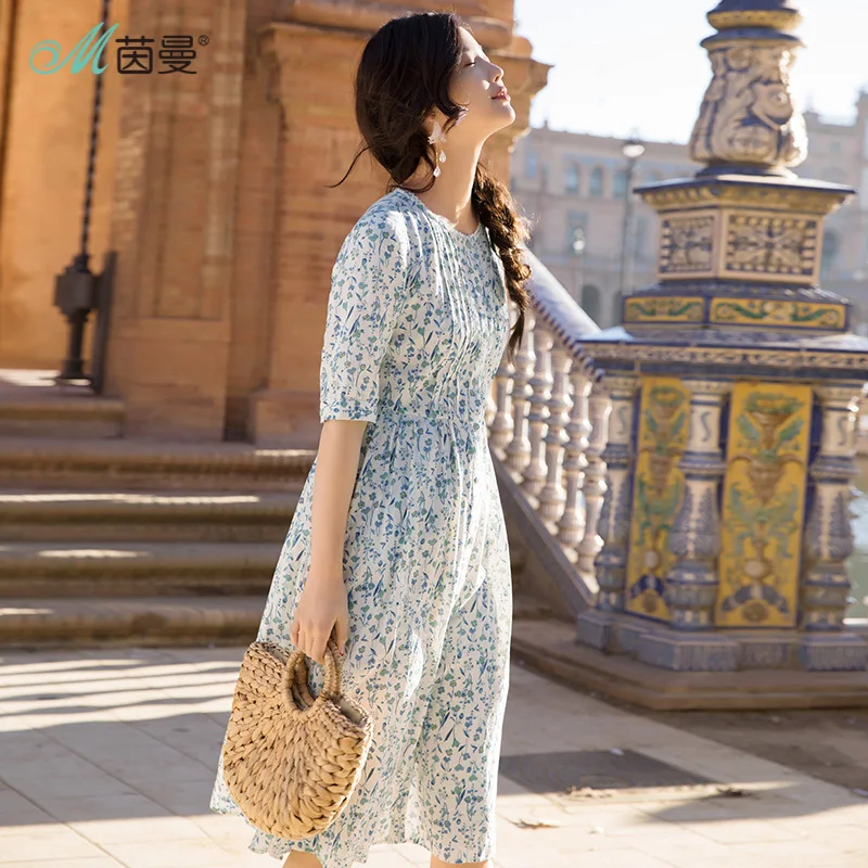

INMAN 2019 Women's High-waist Floral Print Dress Mid Calf Girls Female Summer Holiday Beach Half Sleeve Cotton Dress