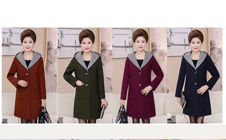 Autumn Winter Woolen Coat Women Hooded New Middle-aged Mother Clothes Long Slim Wool Coat Womens windbreaker Plus Size coat 5XL