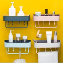 Wall-mounted Bathroom Shelf With Hooks Shampoo Organizer Toilet Bath Shower Shelves Towel Holder Nail Free Kitchen Storage Rack free shipping ciencia triangle black corner caddy bathroom shelf with hooks wall mounted kitchen storage with nail free glue
