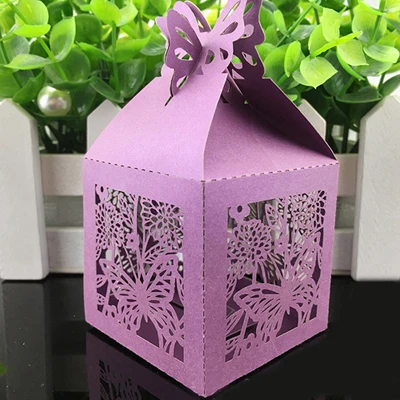 50 шт. тонкая Лазерная резка коробка для сладостей с бабочкой для фестиваля вечерние подарочные коробки для конфет для свадебного банкета Романтические свадебные украшения - Цвет: Purple