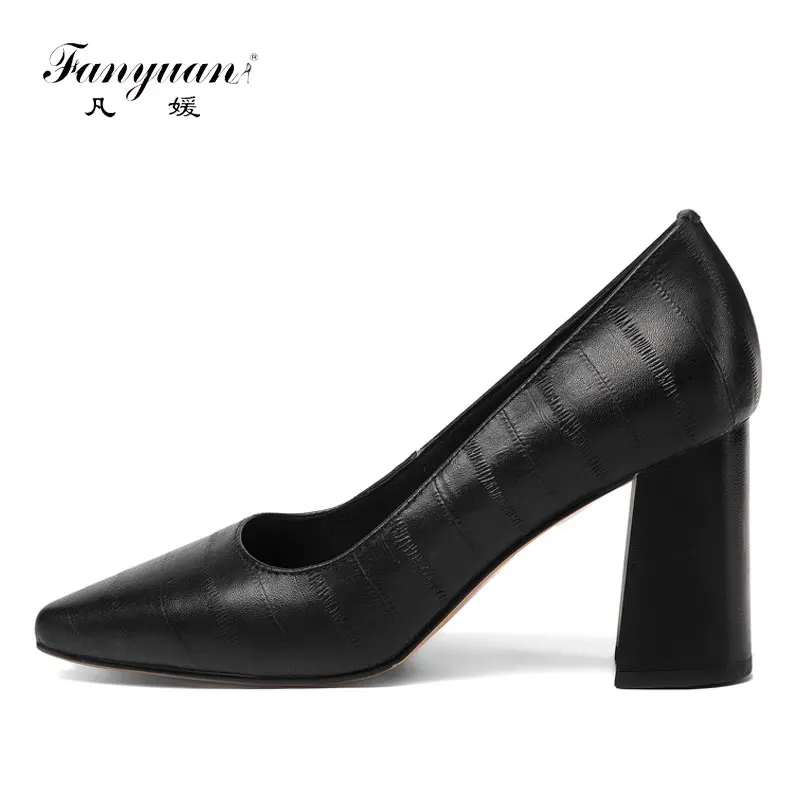 

Fanyuan Women Pumps Genuine Leather Shoes Solid Block Heels Luxury Office Lady Shoes Pointed Toe Spring Dress Pumps Black brown