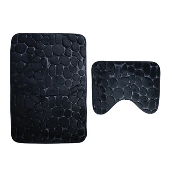 

2PCS Exquisite Soft Water Absorption Flannel Decorative Toilet Bathroom Cobblestone Print Bath Mat Set Anti Slip Pedestal Rug