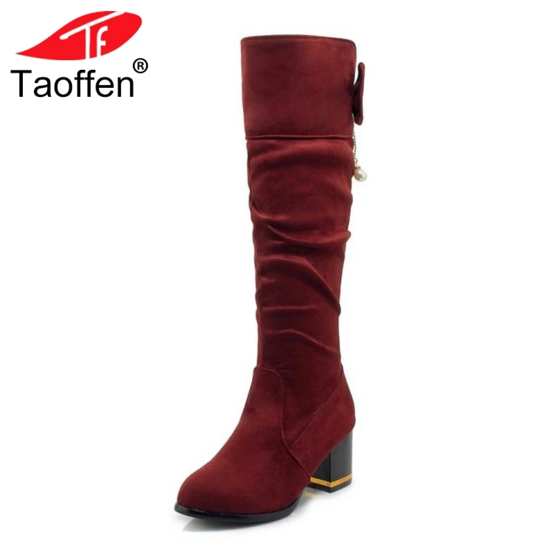 

TAOFFEN Size 34-48 Knee Boots Women High Heel Bowtie Zipper Winter Fur Women Long Boots Korean Fashion Shoes Winter Footwear