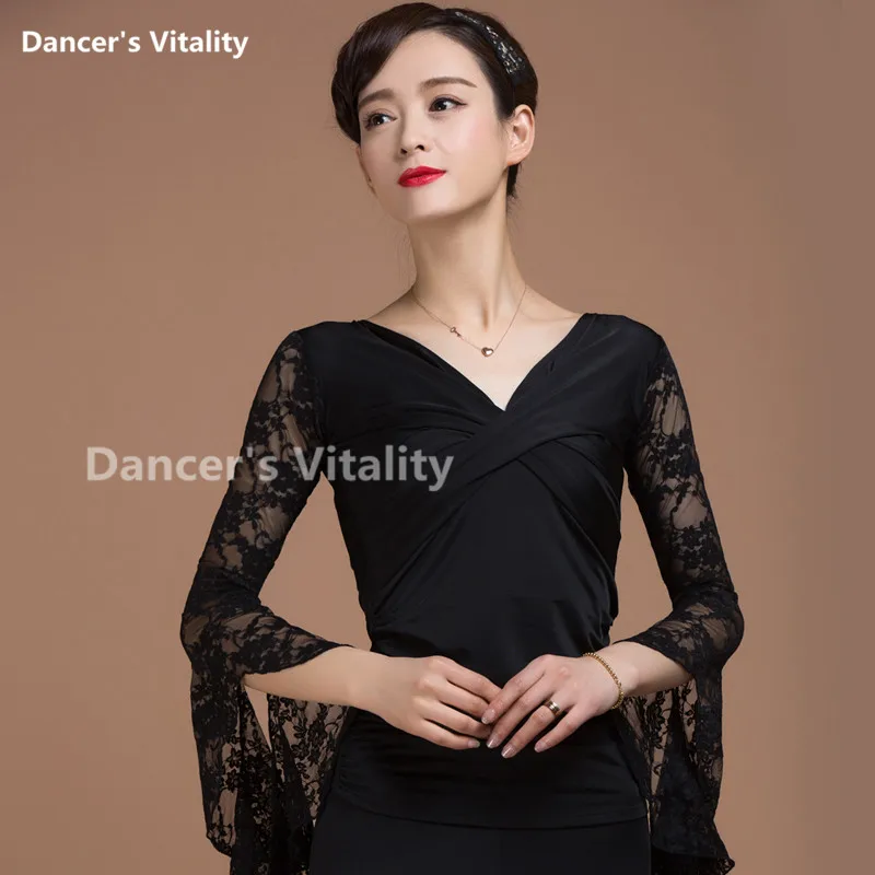 Модный элегантный черный кружевной топ с оборками для латинских танцев для женщин/девочек, квадратный танцевальный костюм - Цвет: Черный