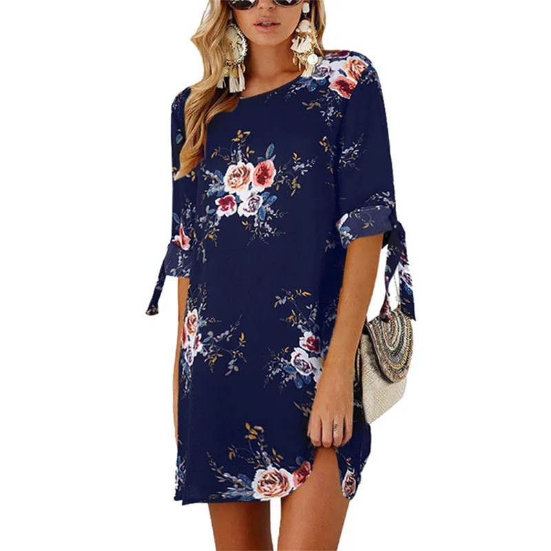 Женское платье летнее сексуальное шифоновое платье с цветочным принтом бохо стиль Короткие вечерние Пляжные Платья Туника плюс размер - Цвет: Navy Blue