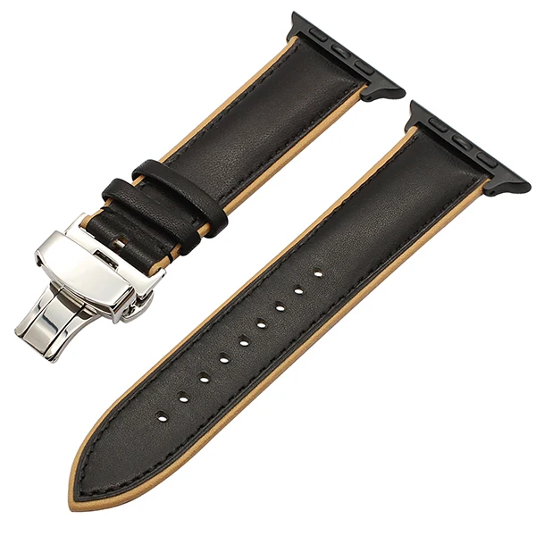 Французский ремешок для часов из натуральной кожи для iWatch Apple Watch 38 мм 40 мм 42 мм 44 мм серия 5 4 3 2 двойной цветной ремешок с застежкой-бабочкой - Цвет ремешка: Black Yellow B