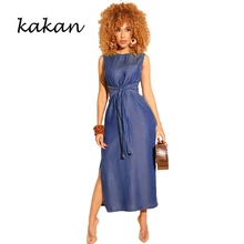Kakan new women's dress sleeveless high slit denim dress dark blue light blue black dress button front denim slit dress