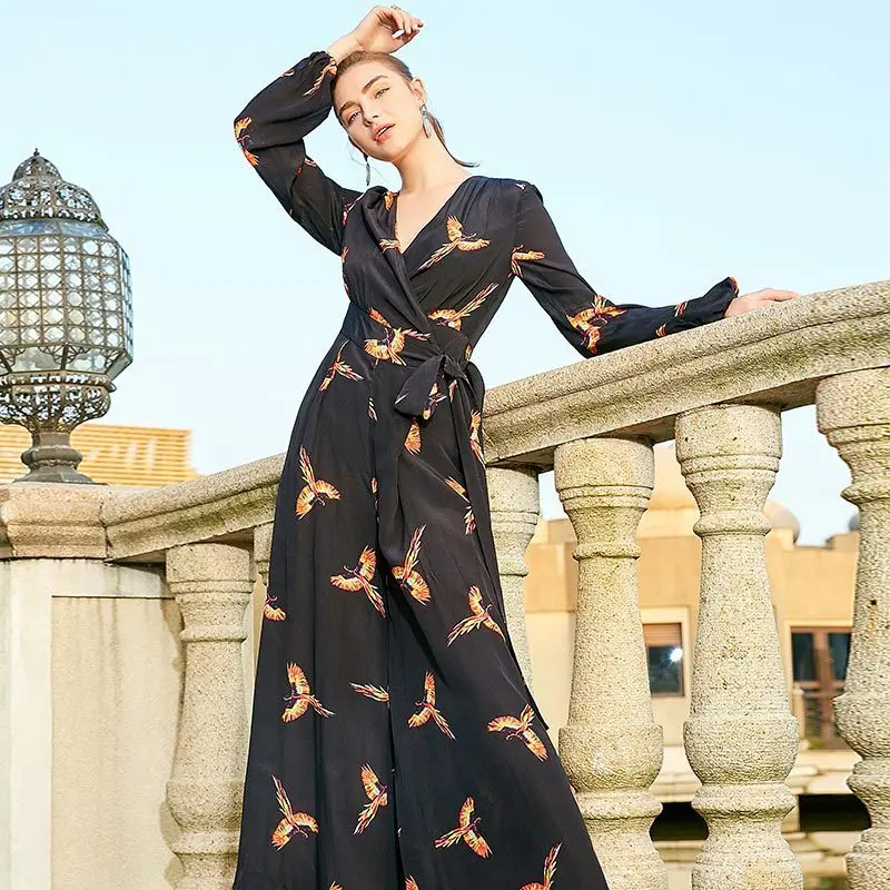 

Bohemian V-Neck Print Long Sleeve Loose Slim Big Wide Leg Pants Jumpsuit 2019 New Women Spring Office Lady Work Jumpsuits