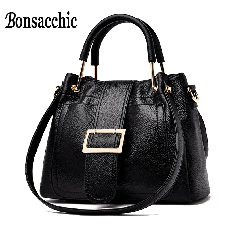 Bonsacchic Ladies' Genuine Leather Handbag Black Leather Tote Bag for Women Bag Handbags Famous Brand Summer Female Shoulder Bag