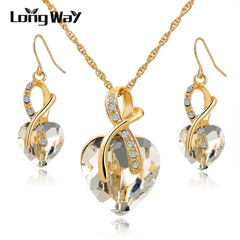 Austrian Crystal Necklace Earrings Set Luxury Gold Plated Heart Crystal Jewelry Set For Women Engagement Jewelry Sets SET140044