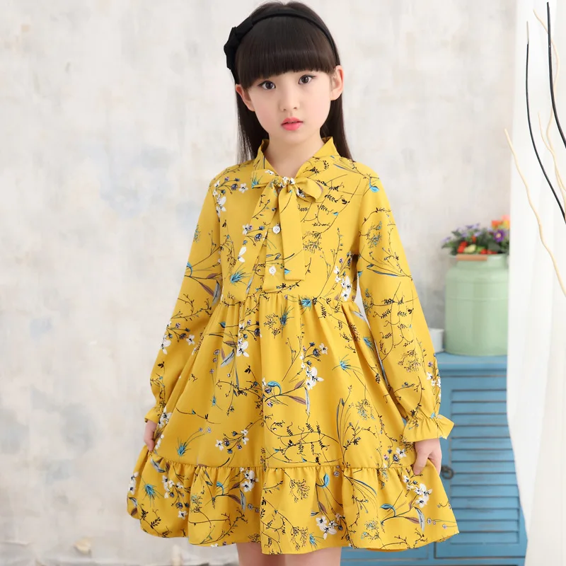 Свободное шифоновое платье для девочек-подростков весенне-зимнее Хлопковое платье с длинными рукавами и цветочным принтом для девочек от 4 до 14 лет, одежда для крупных девочек - Цвет: yellown