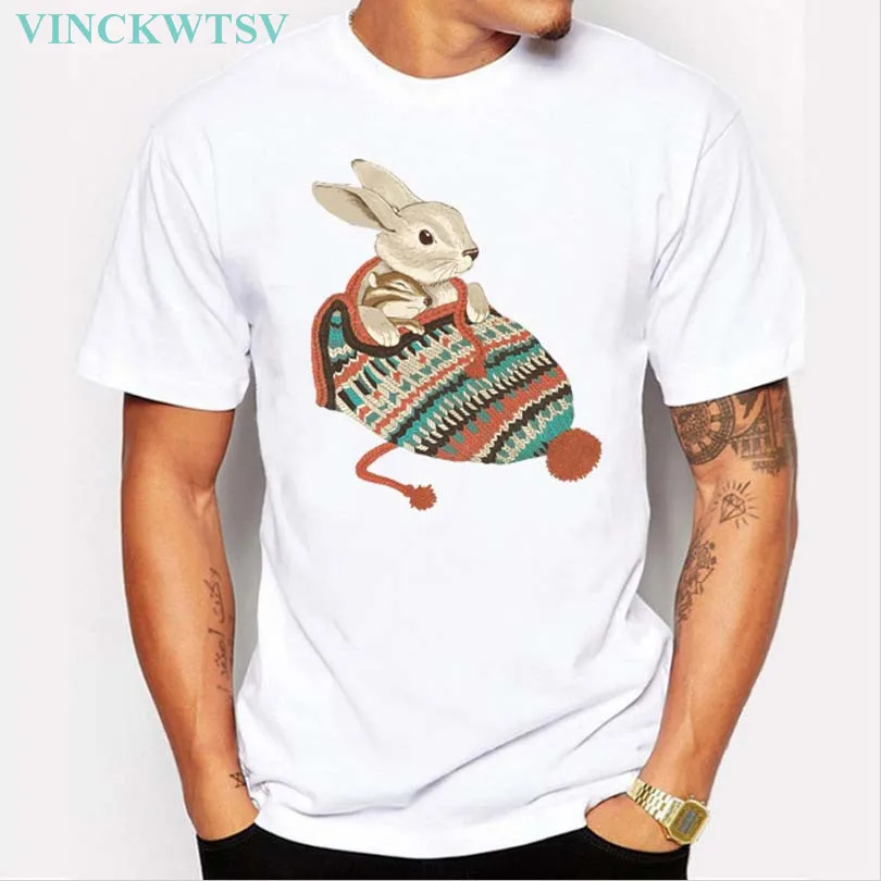 VINCKWTS 2017 New Fashion Men's The Rabbit And Hamster Asleep In Hat T shirt Hipster Tops Cool Short Sleeve Tees | Мужская одежда