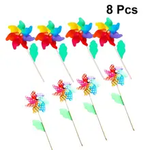 8 шт Pinwheel пластиковые DIY красочные деревянные полюс Радужная ветряная мельница для детей(смешанный принт