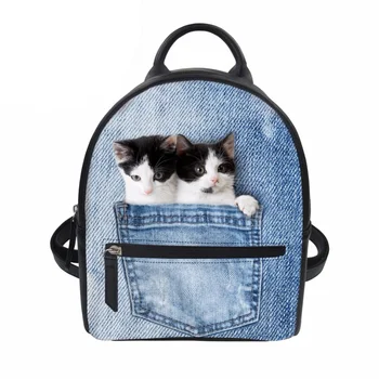 

Women Backpack School Bag for Teenage Girls School Bagpack Blue Denim Pocket Cat Printing PU Leather Mochila Beach Bag