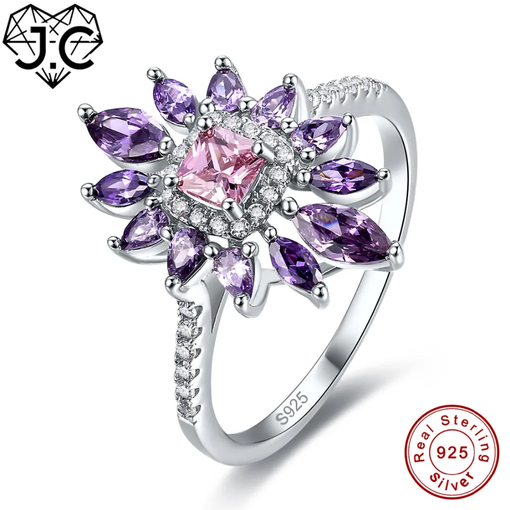 

J.C Ring For Women Green Amethyst & Pink White Topaz 925 Sterling Silver Size 6 7 8 9 Female Wedding Engagement Fine Jewelry