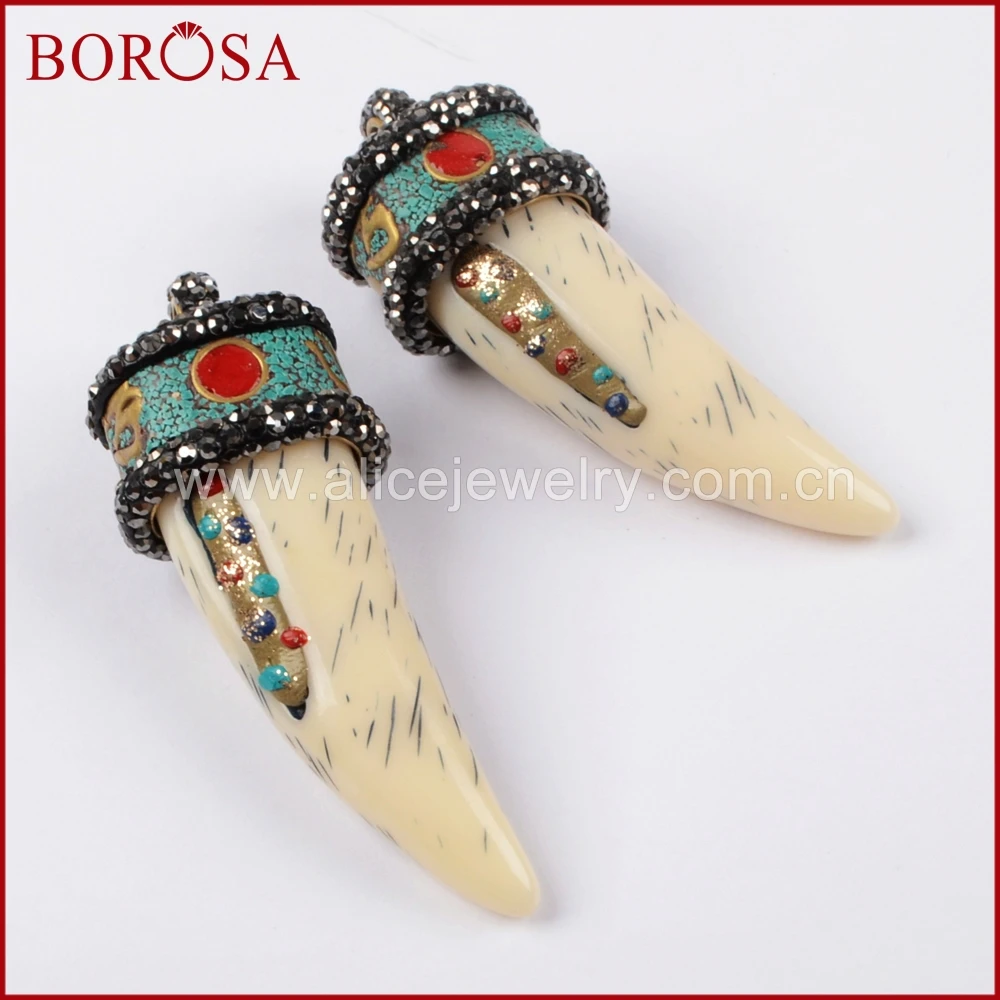 

BOROSA New 6PCS Rhinestone Pave Inlay Brass Horn Charm, Best Quality Fashion Charm Pendant for Necklace for Tibetan Style JAB782