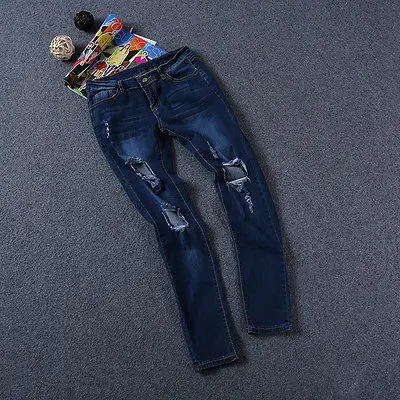 

FASHION WOMENS RIPPED KNEE CUT JEANS FADED SLIM FIT LADIES SKINNY DENIM