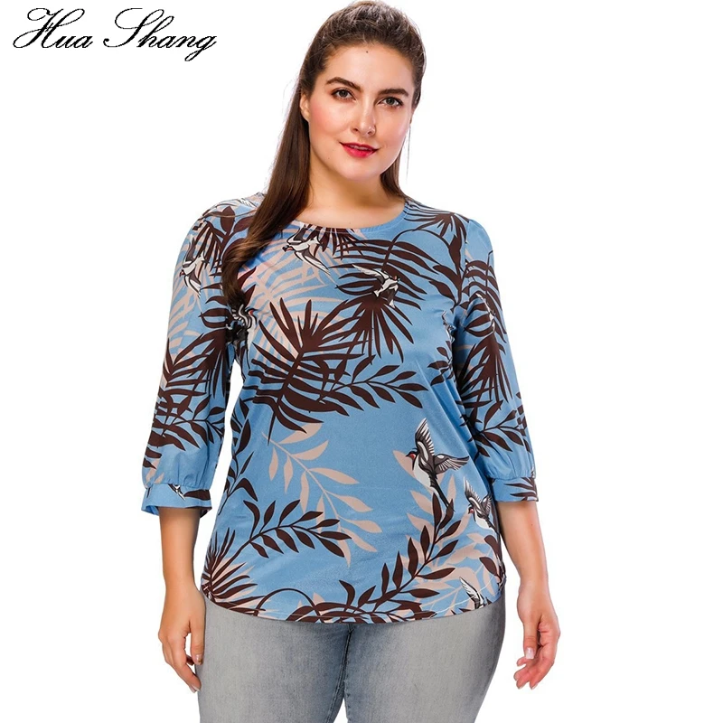 

5xl Plus Size Women Tops Blue 2018 Autmn Female O Neck Three Quarter Sleeve Leaves Print Casual Tunic Top Big Size Women Blouse
