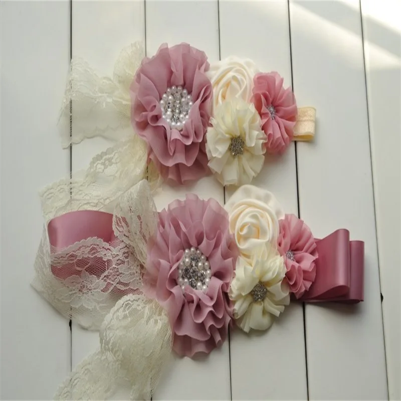 

8set/lot Ivory&Mauve Sash Belt Set Chiffon Flower Sash Baby Headband Weeding Sash Maternity Belt
