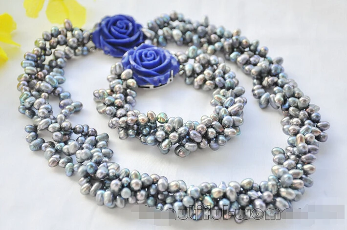 

hot sale > 4Strds black rice freshwater pearl blue flower necklace & bracelet Z6949 (A0423) -Top quality free shipping
