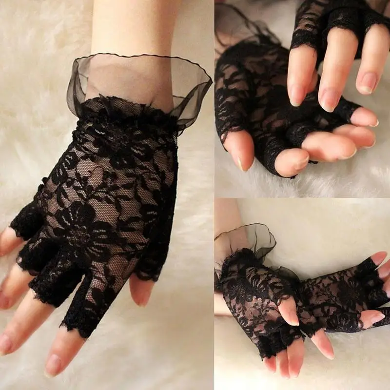 

Ladies Short Black Lace Fingerless Gloves Net Goth Gothic Fancy Dress