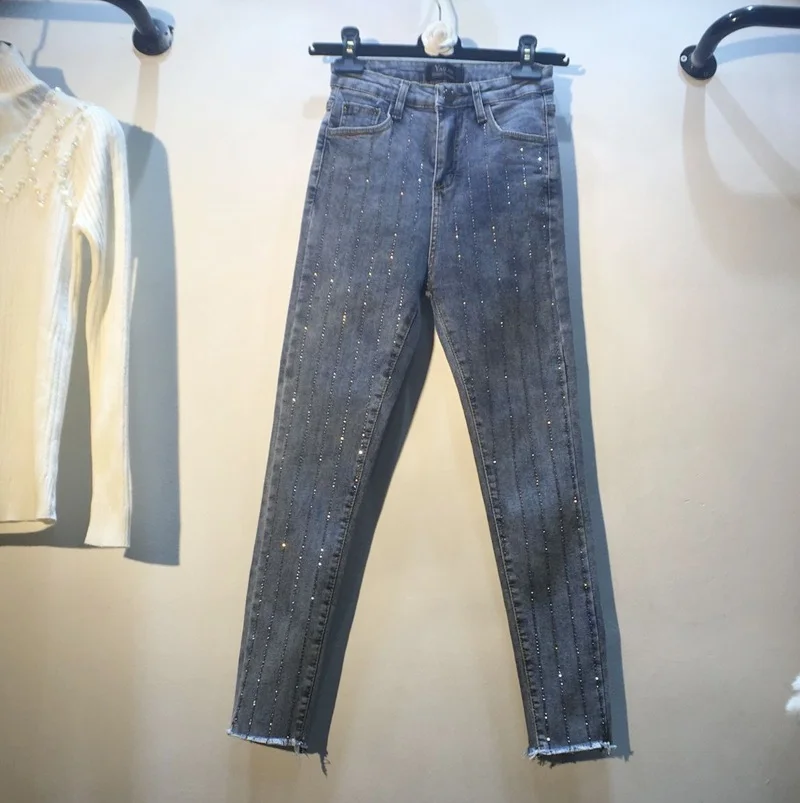 

New Type Heavy Industry Vertical Strip Ironing Drill High Waist Slim Elastic Fleece Jeans Women s Pants