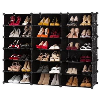 

LANGRIA 18-Cube DIY Shoe Rack, Multi Use Modular Organizer Storage Plastic Cabinet with Doors, Black and White Curly Pattern