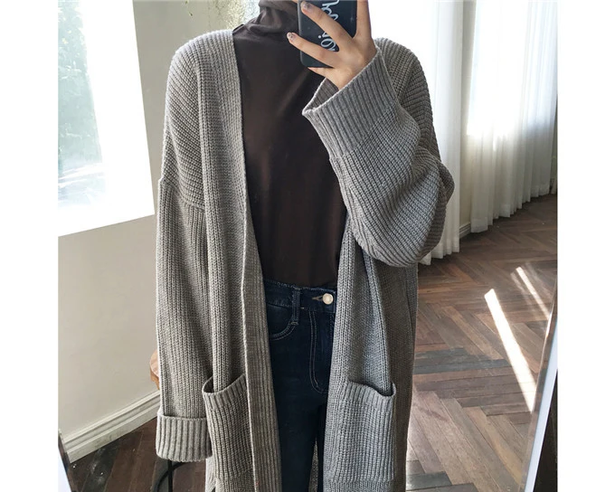 Winter Spring Fashion Casual Clothing Ladies Sweater Long Knit Sweater Women Large Full Sleeve Coat Black Solid Cardigan