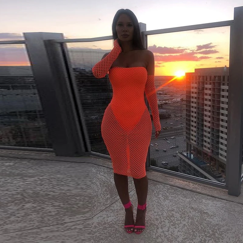 

KGFIGU women orange color slash neck knee length dresss 2018 Autumn mesh thong dresses Sexy party wear off shoulder vestidos