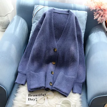 

v-neck women sweaters and cardigans 2019 autumn winter new button thicken warm knitted lady loose outwear coat tops