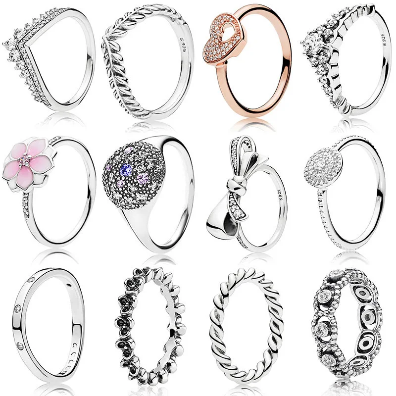 

Classic Silver Rings With Crown Bow Flower Love Crystal Wedding & Party Wide Ring For Women Jewelry
