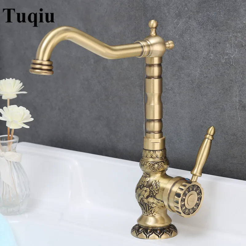 Billige Becken Wasserhahn Antike Messing Waschbecken Wasserhahn Geschnitzt Bad Wasserhahn Kupfer Tap Drehen Einzigen Handgriff Hot   Cold Wasser Mischbatterie kran