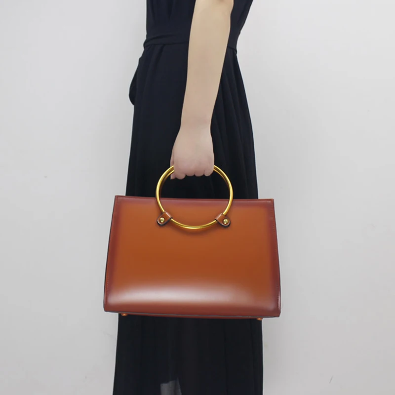 Модная женская сумка из натуральной кожи, женская сумка на плечо ручной работы, элегантная сумка-мессенджер через плечо с металлической ручкой - Цвет: Оранжевый