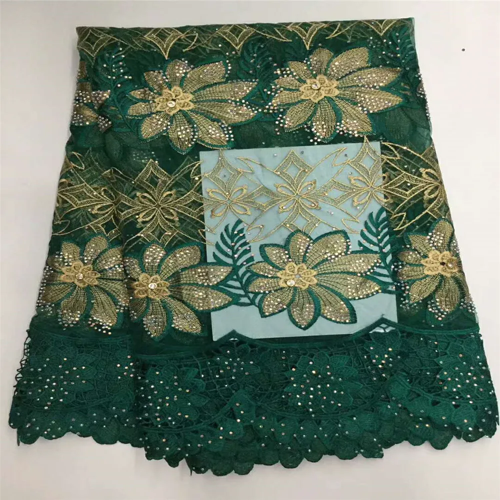 

New Arrival Guipure Embroidery Nigeria Bridal Green / Gold Rhinestone Net Lace Fabric For Party X414-04
