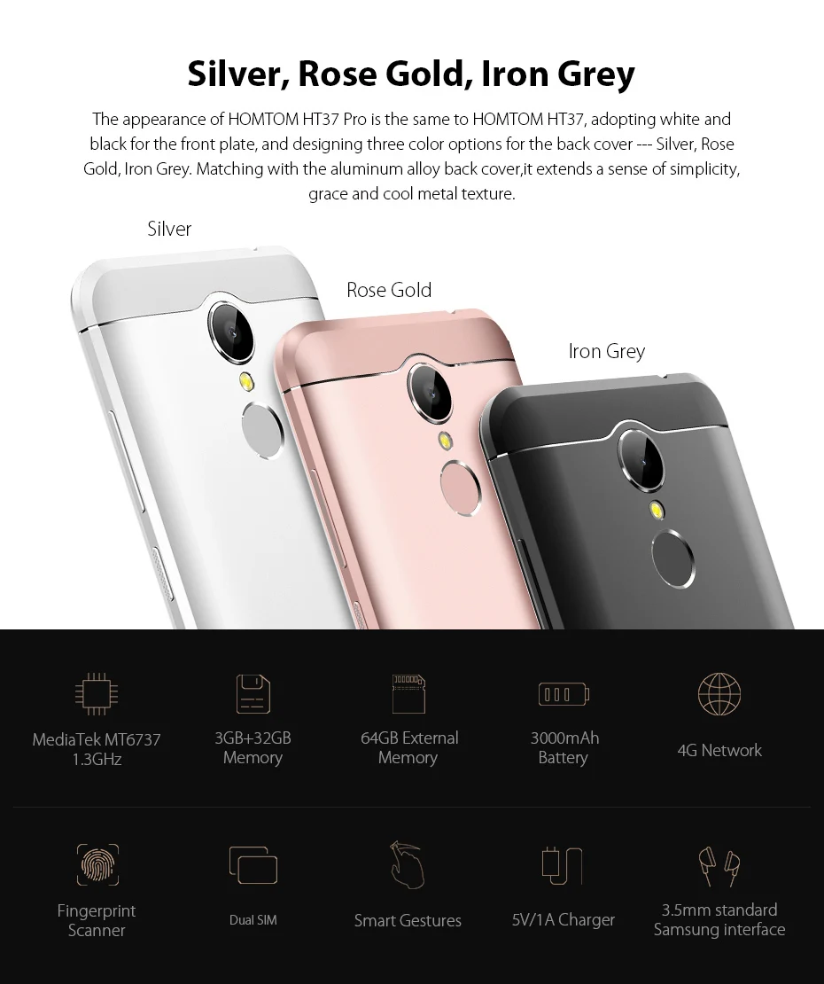 HOMTOM HT37 PRO 4G Smartphone MTK6737 Quad Core 3G RAM 32G ROM 5.0 Inch 1280*720 Android 7.0 3000mAh Fingerprint ID Smartphone
