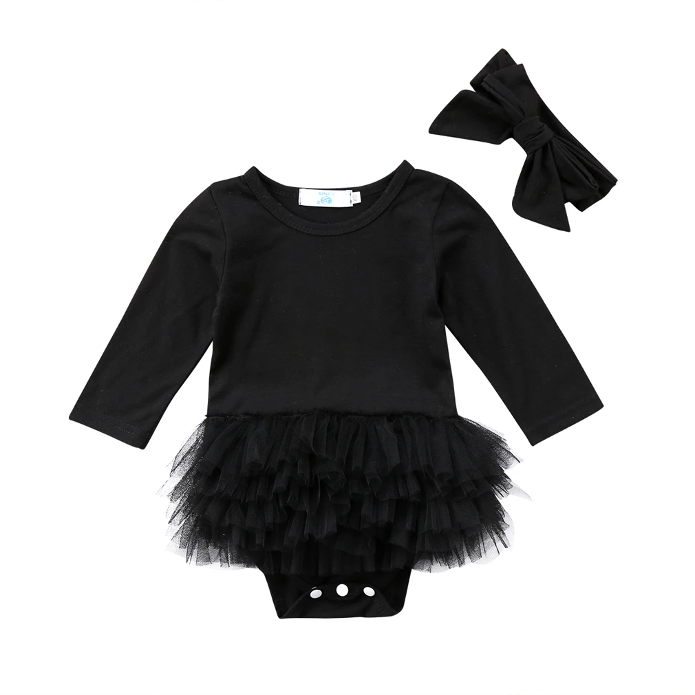 Лидер продаж, черный комбинезон с длинными рукавами для новорожденных девочек, боди, платье-пачка повязка на голову для ребенка, Модный комплект одежды