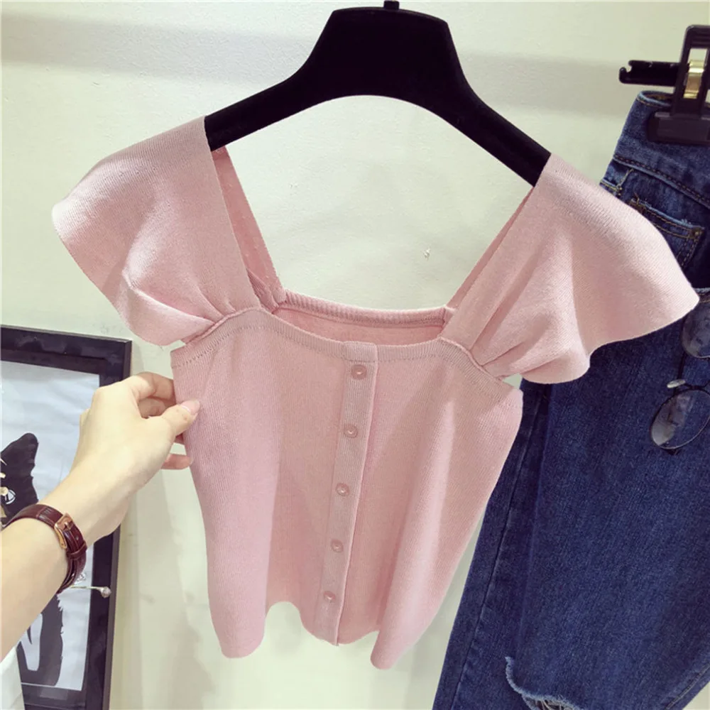 

Women Top Sleeveless Wild Knitted Wooden Ear Trimmed Slim Bottoming Vest Sweet Female Square Collar Short Tops Girls Sexy Shirt