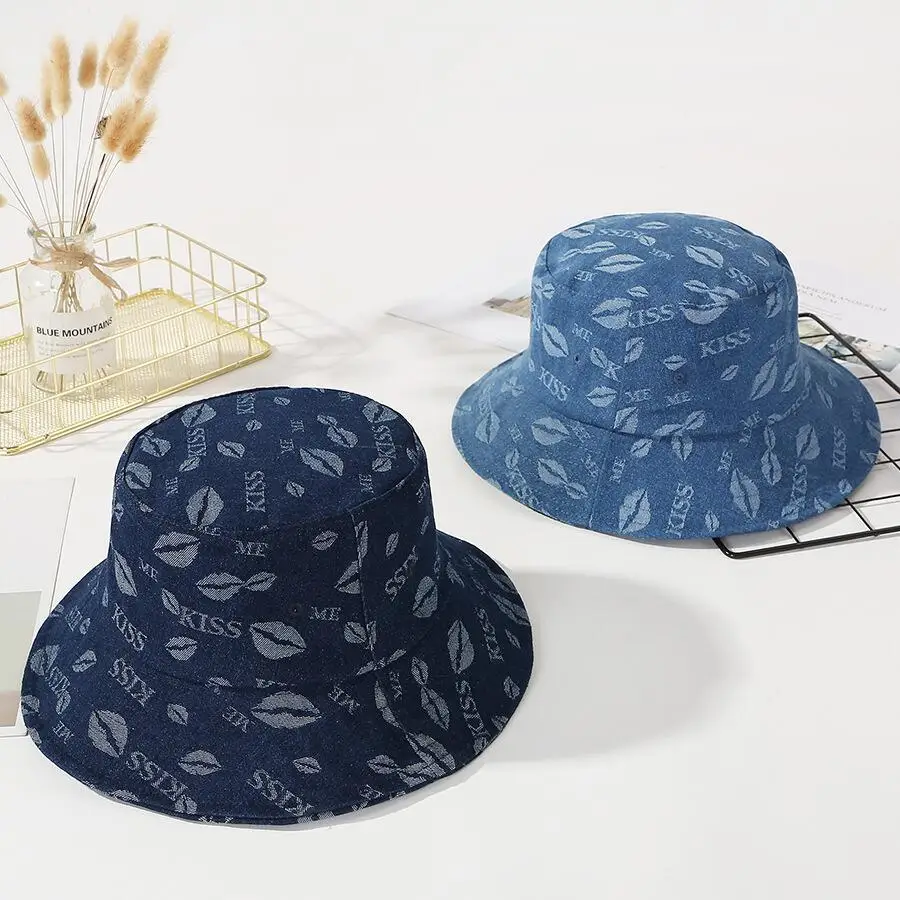 

Fashion Spring Summer Kiss Lips Printed Bucket Hats Fishing Cap Women Men Denim Cloth Windproof Panama Hat Female Sun Visor