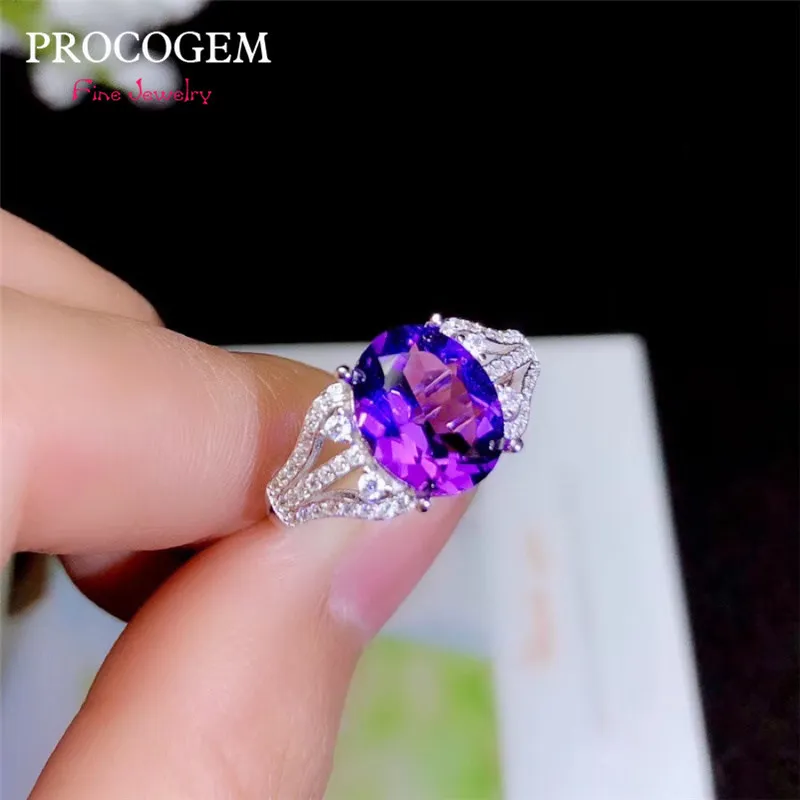 

PROCOGEM Natural Amethyst Rings for women Party gifts 8x10mm 2.4Ct Genuine gemstone fine Jewelry 925 Sterling silver #653