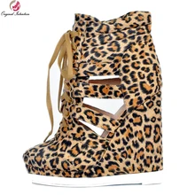 Оригинальное предназначение; женские ботильоны; модные ботинки на танкетке с круглым носком; Высококачественная женская обувь с леопардовым принтом; большие размеры США 4-15