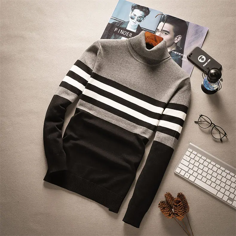 MuLS 2018 New Turtleneck Sweaters Pullover Men Cotton Knit Sweater Jumpers Male Autumn Winter Knitwear Red Balck Wine red Navy-02