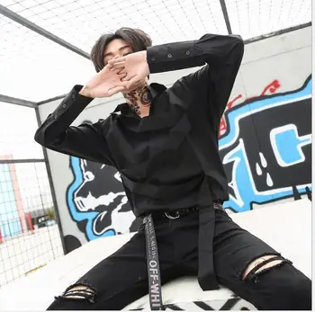 

2019 spring hair stylist personality pullover shirt male fashion woven bandwidth loose hip hop shirt singer costumes