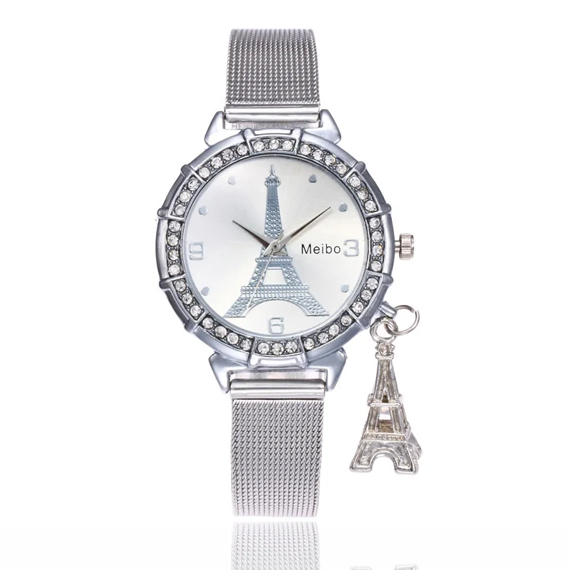 Новое поступление, горячая Распродажа, Женские кварцевые наручные часы из нержавеющей стали с Эйфелевой башней для женщин и девушек, Relogio Feminino Relojes Gif - Цвет: Silver