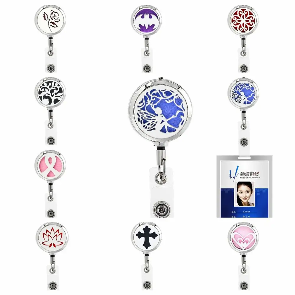 

Rose flower ribbon cross 30mm diffuser locket ID Badge Holder Retractable Pendant Stainless Steel fit necklace key chain 10pads