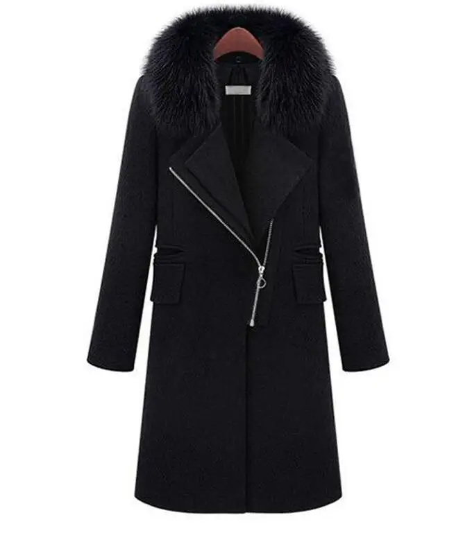 

Fur Collar Slim Winter Coat Women Zipper A-Line Classic Black Coat Basic Jackets Overcoat 5XL Plus Size Wool Blend