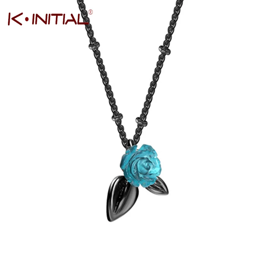 Blue Rose Flower with Black Leaf Pendant Necklace Black Plated Retro Boho Statement Link Chain Sweater Chokers Necklaces For Women Bioux