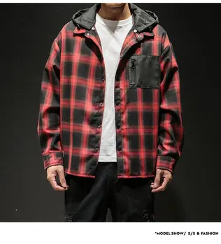 

2019 New Japan Harajuku Men Shirt Casual Plaid Shirt Long Sleeve Man With a cap collar Hip Hop Shirts Removable cap Plus size 5X