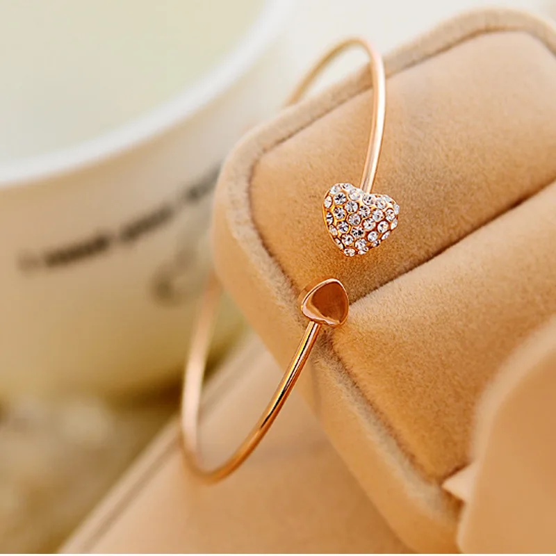 

Shiny Crystal & Smooth Surface Double Heart Opening Adjustable Metallic Bracelets & Bangles for Women