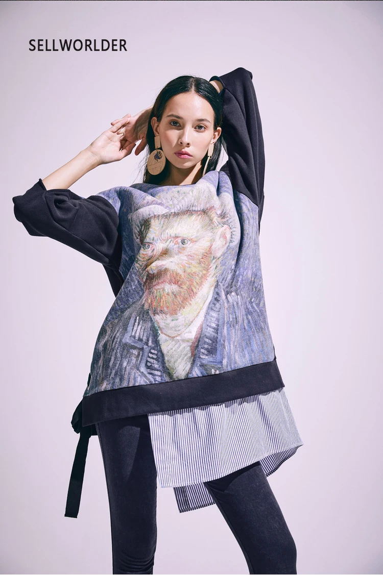 

2019 Van Gogh Women Loose Strangers and their own Spring New Fake two plus Velvet Character Sweatshirt
