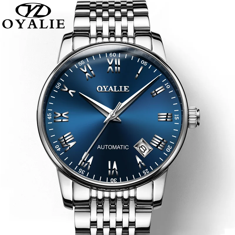 

OYALLE Business Men Automatic Watches Stainless Steel Band Mechanical Wristwatches Roman Numeral Dial Clocks Watch Saat Erkekler